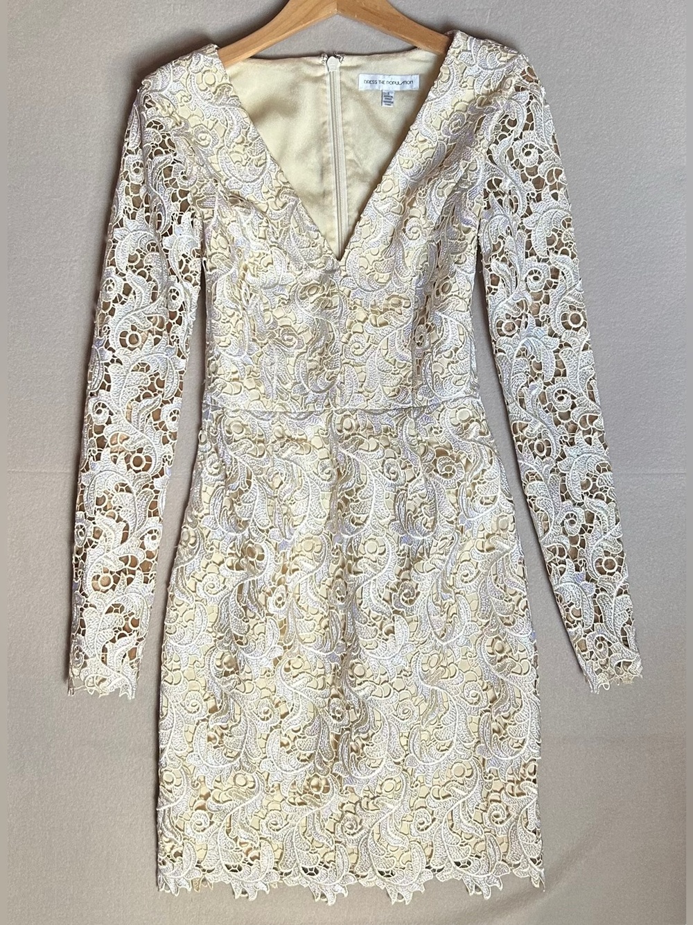 💜 Dress the Population Cream Lace Long Sleeve V-Neck Dress